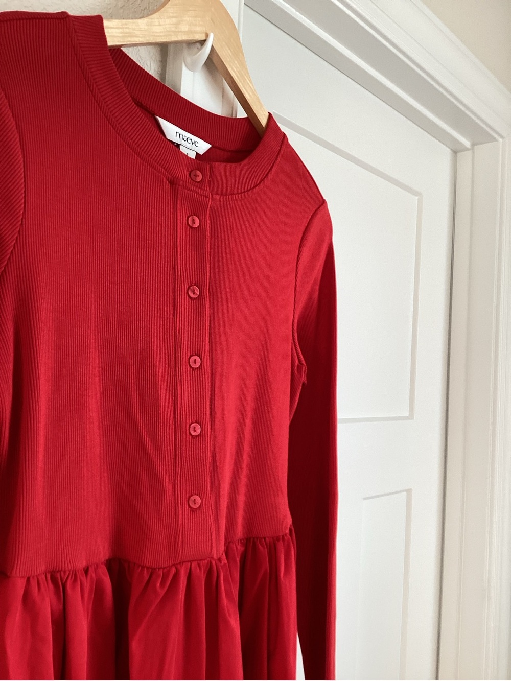Anthropologie Long Sleeve Dress Crew Neck Twofer Button Front Midi New Small Red - Picture 6 of 12